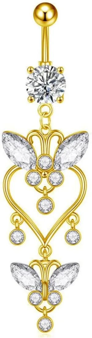 14G Clear CZ Butterfly Dangle Belly Button Rings for Women Hypoallergenic G23 Titanium Crystal Belly Barbell Navel Rings Dangling Belly Piercing Jewelry