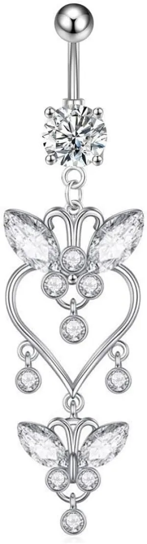 14G Clear CZ Butterfly Dangle Belly Button Rings for Women Hypoallergenic G23 Titanium Crystal Belly Barbell Navel Rings Dangling Belly Piercing Jewelry