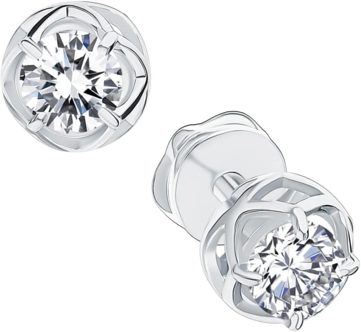 14K Gold Floral Round Diamond (1.00ct) Stud Earring, Solitaire Accent Clover Design, Minimalist Dainty Jewelry, Elegant Gift for Her.
