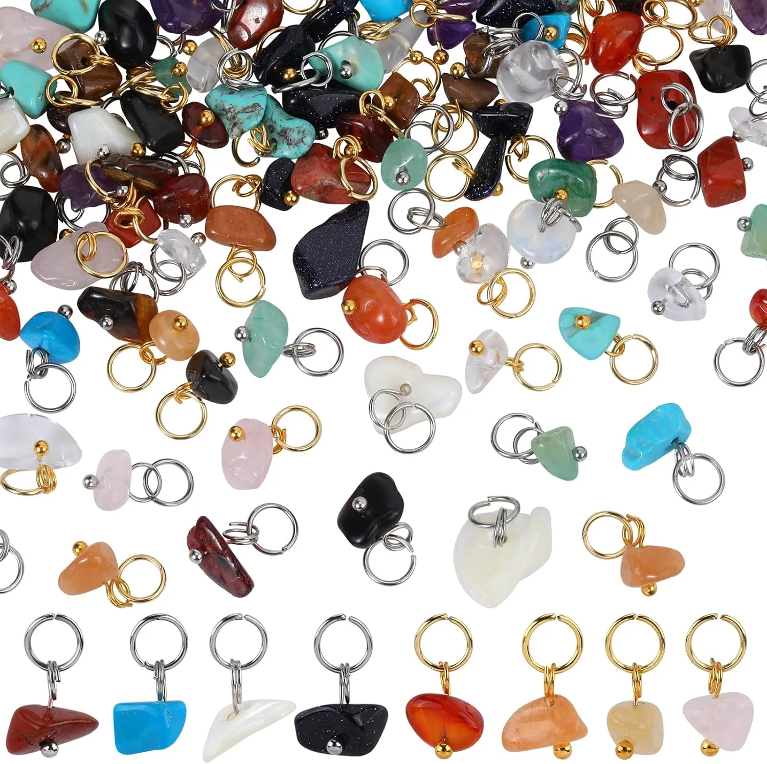 150Pcs 30 Styles Mixed Gemstone Nuggets Charms Stone Charms Crystal Pendants Bulk with 304 Stainless Steel Jump Ring for Necklace Earring Jewelry Making