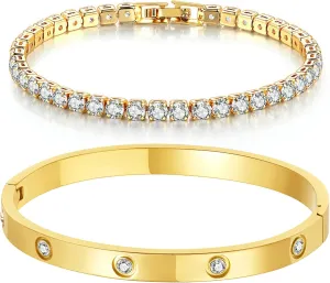 18K Gold Plated Dainty Tennis Bracelets Set 4mm/6mm Love Bangle Bracelets with 3mm/4mm Cubic Zirconia Classic Tennis Bracelet| Gold Bracelets for Women | Size 6.5/7/7.5 Inch