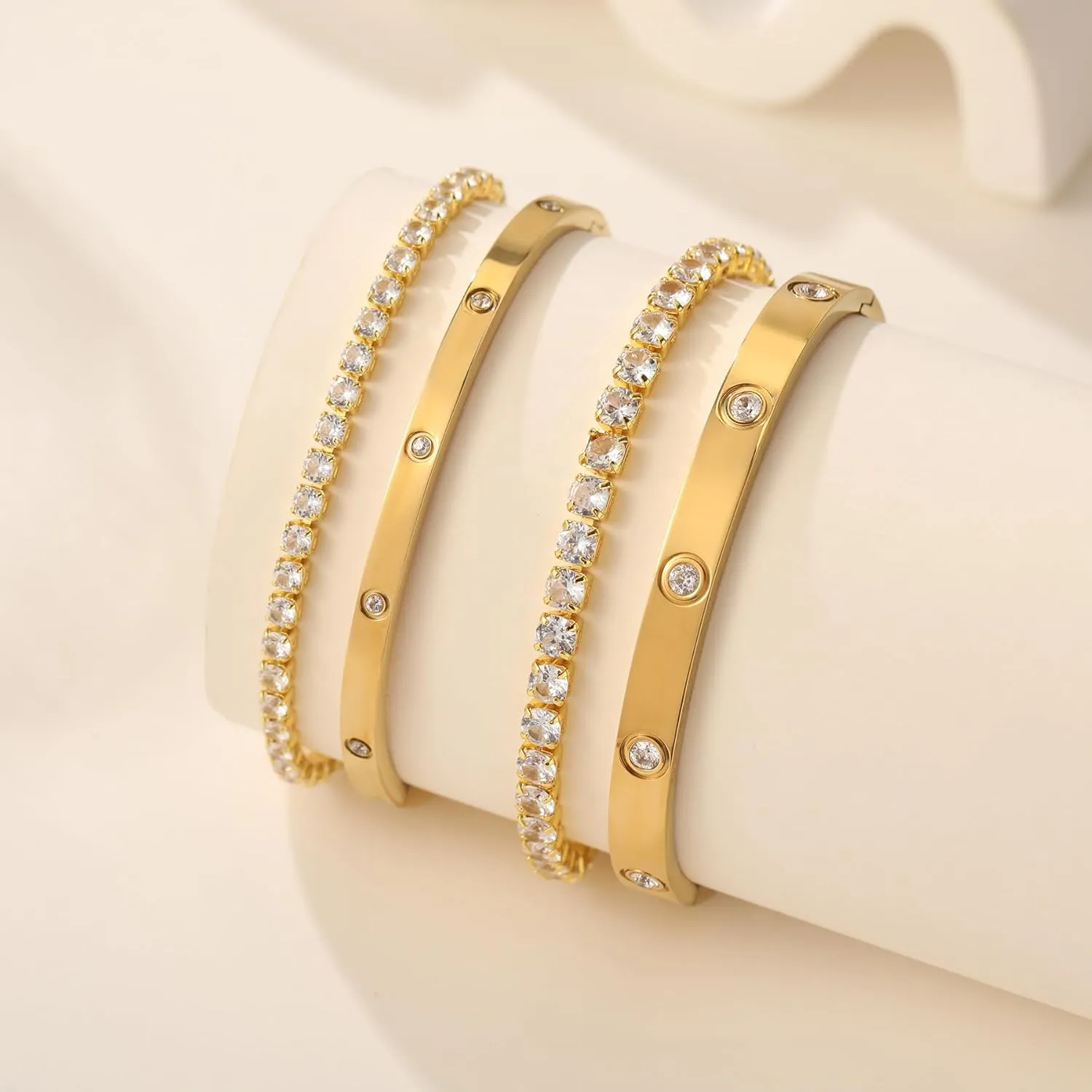 18K Gold Plated Dainty Tennis Bracelets Set 4mm/6mm Love Bangle Bracelets with 3mm/4mm Cubic Zirconia Classic Tennis Bracelet| Gold Bracelets for Women | Size 6.5/7/7.5 Inch