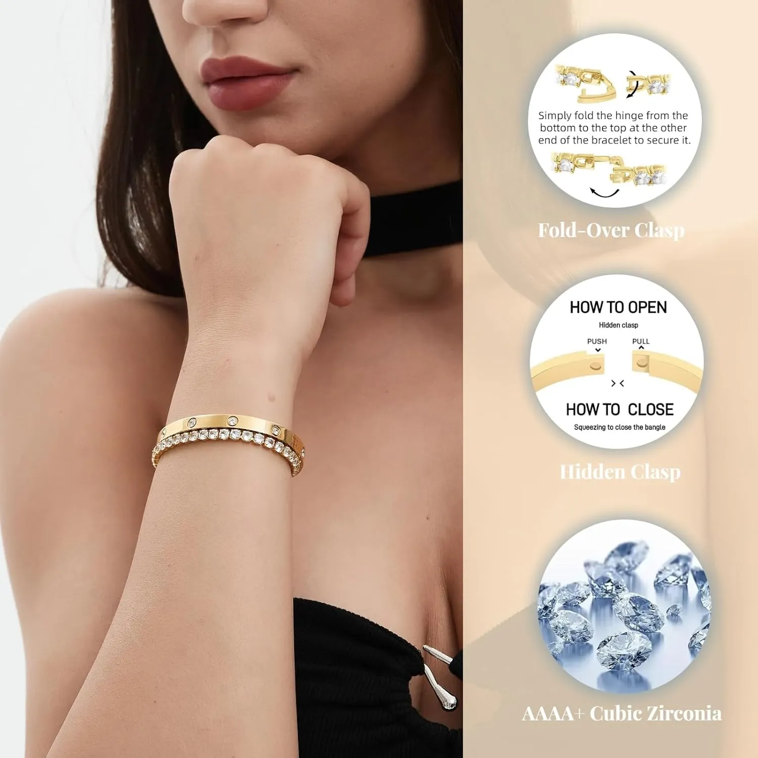 18K Gold Plated Dainty Tennis Bracelets Set 4mm/6mm Love Bangle Bracelets with 3mm/4mm Cubic Zirconia Classic Tennis Bracelet| Gold Bracelets for Women | Size 6.5/7/7.5 Inch