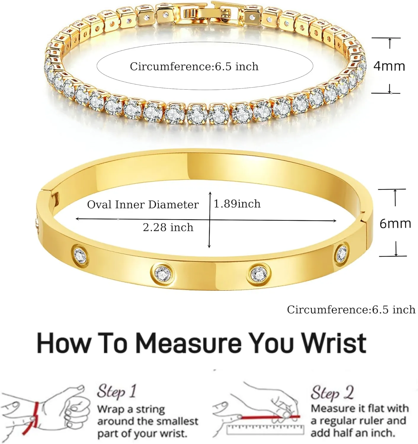18K Gold Plated Dainty Tennis Bracelets Set 4mm/6mm Love Bangle Bracelets with 3mm/4mm Cubic Zirconia Classic Tennis Bracelet| Gold Bracelets for Women | Size 6.5/7/7.5 Inch