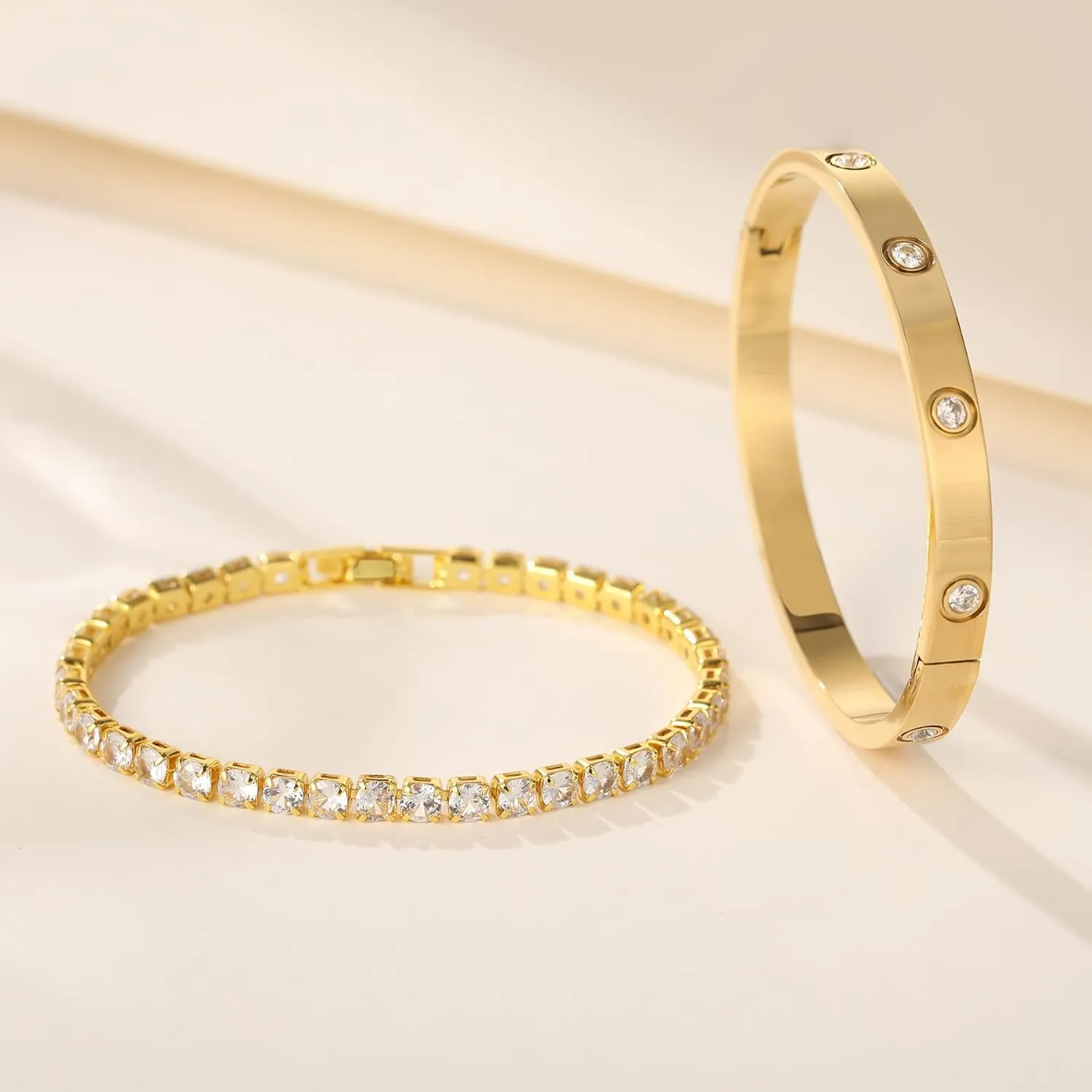18K Gold Plated Dainty Tennis Bracelets Set 4mm/6mm Love Bangle Bracelets with 3mm/4mm Cubic Zirconia Classic Tennis Bracelet| Gold Bracelets for Women | Size 6.5/7/7.5 Inch