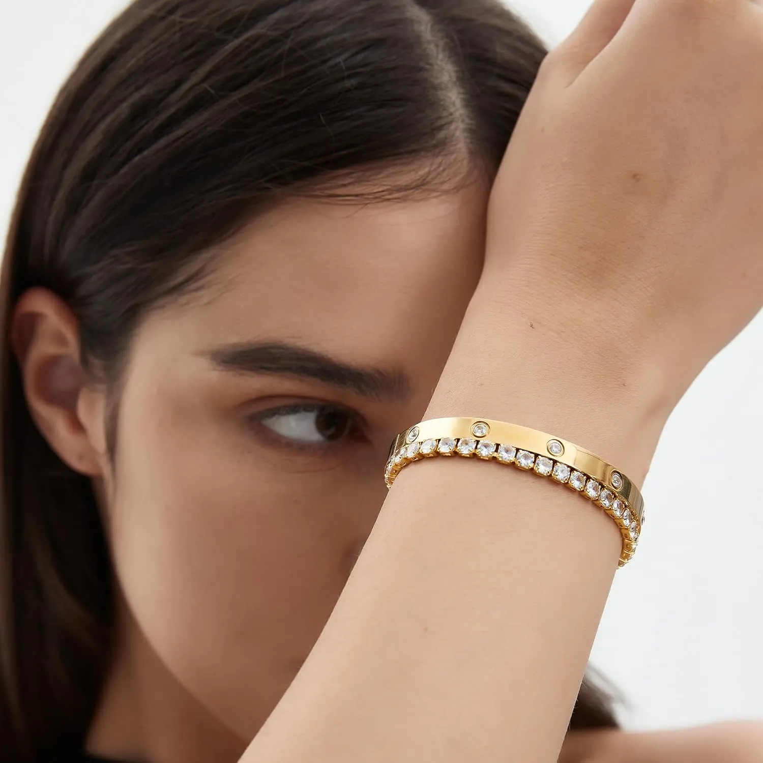 18K Gold Plated Dainty Tennis Bracelets Set 4mm/6mm Love Bangle Bracelets with 3mm/4mm Cubic Zirconia Classic Tennis Bracelet| Gold Bracelets for Women | Size 6.5/7/7.5 Inch
