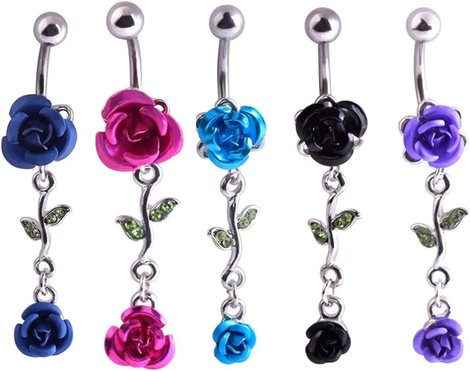 1Pc Belly Button Ring Women Dual Rose Flower Navel Ring Body Piercing Jewelry Gift Rose Red