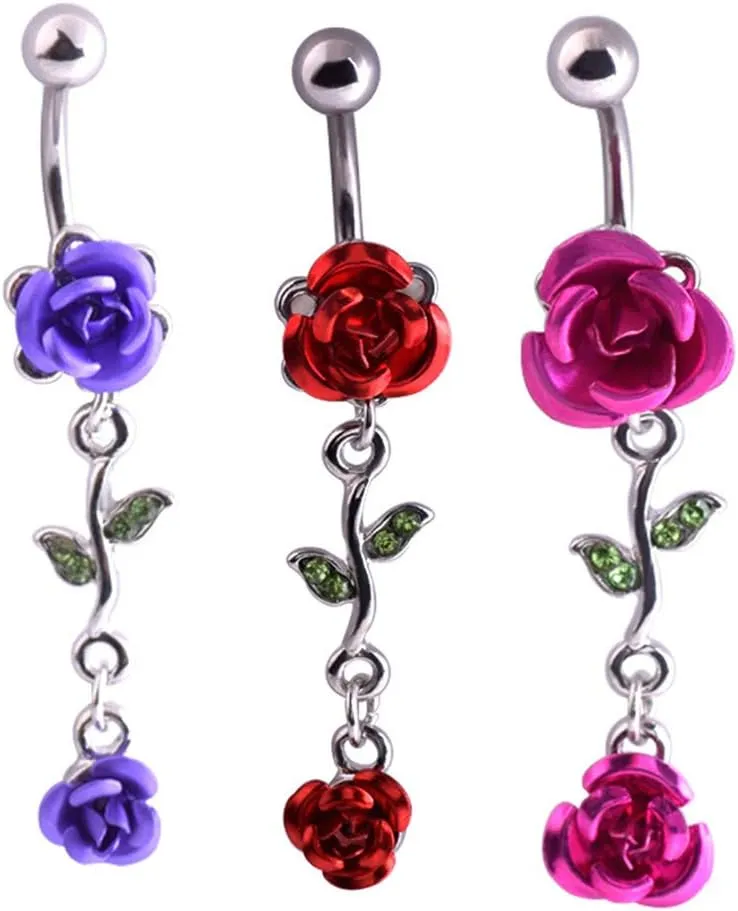 1Pc Belly Button Ring Women Dual Rose Flower Navel Ring Body Piercing Jewelry Gift Rose Red