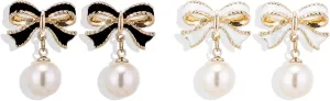 2 Pairs Imitation Pearl Bow Earrings Gold Earrings Bow Earrings Big Pearl Earrings Black White Preppy Accessories Bow Stud Dangle Jewelry Birthday Gifts for Women Trendy