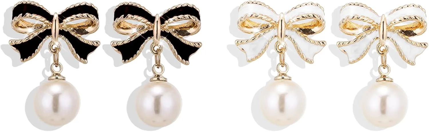 2 Pairs Imitation Pearl Bow Earrings Gold Earrings Bow Earrings Big Pearl Earrings Black White Preppy Accessories Bow Stud Dangle Jewelry Birthday Gifts for Women Trendy