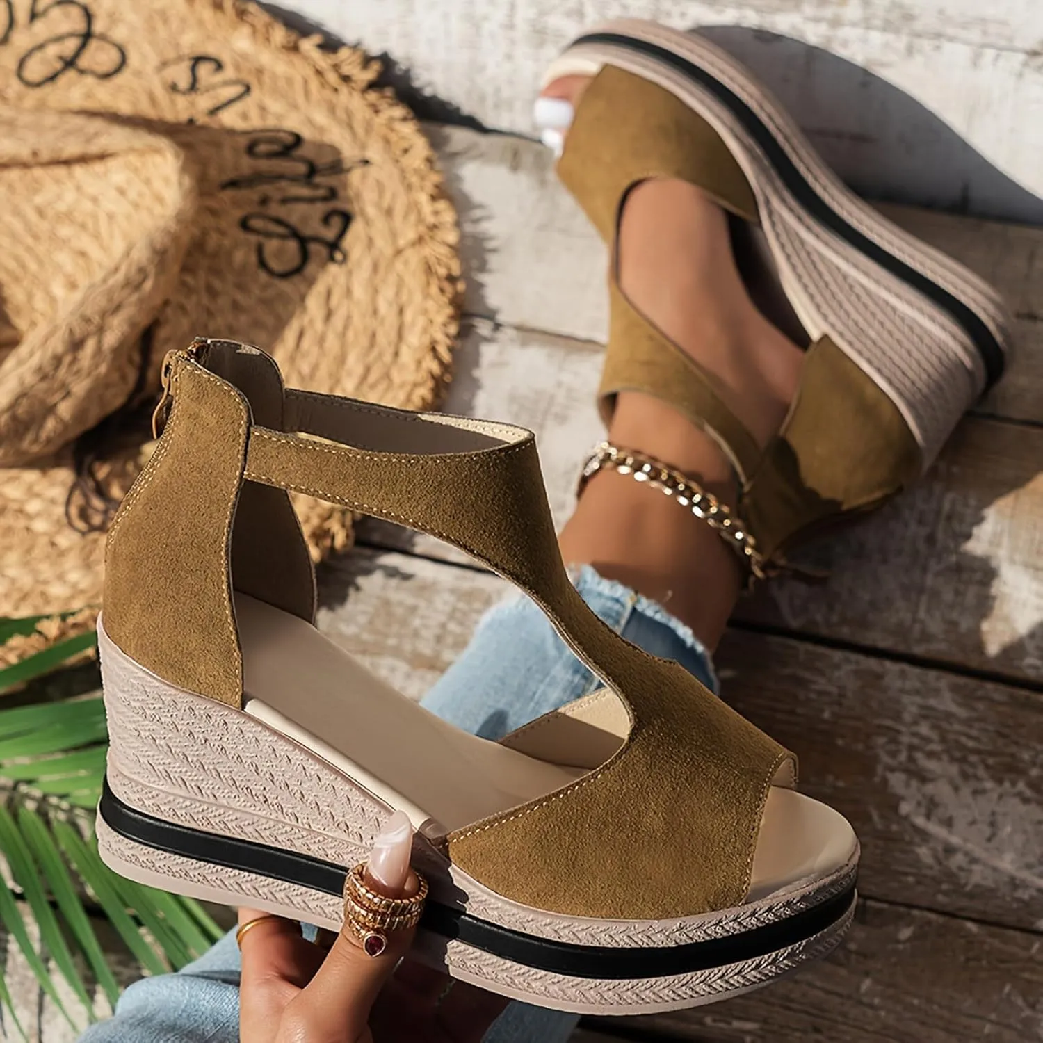 2025 Wedge Sandals for Women Comfortable Breathable Non-Slip Height Increase Espadrilles Walking Footwear with Ankle Strap Summer Dressy Dance Party Casual Shoe Indoor/Outdoor Open Toe Slip-On Slipper