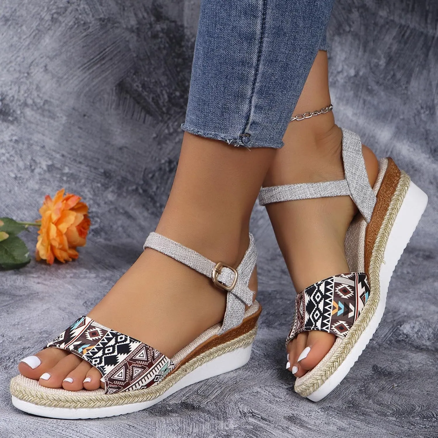 2025 Women Comfortable Wedge Heel Sandals Fashion Bohemian Retro Ladies Dress Walking Footwear with Adjustable Buckle Summer Platform Slide Slippers Breathable Vacation Espadrilles Casual Shoe