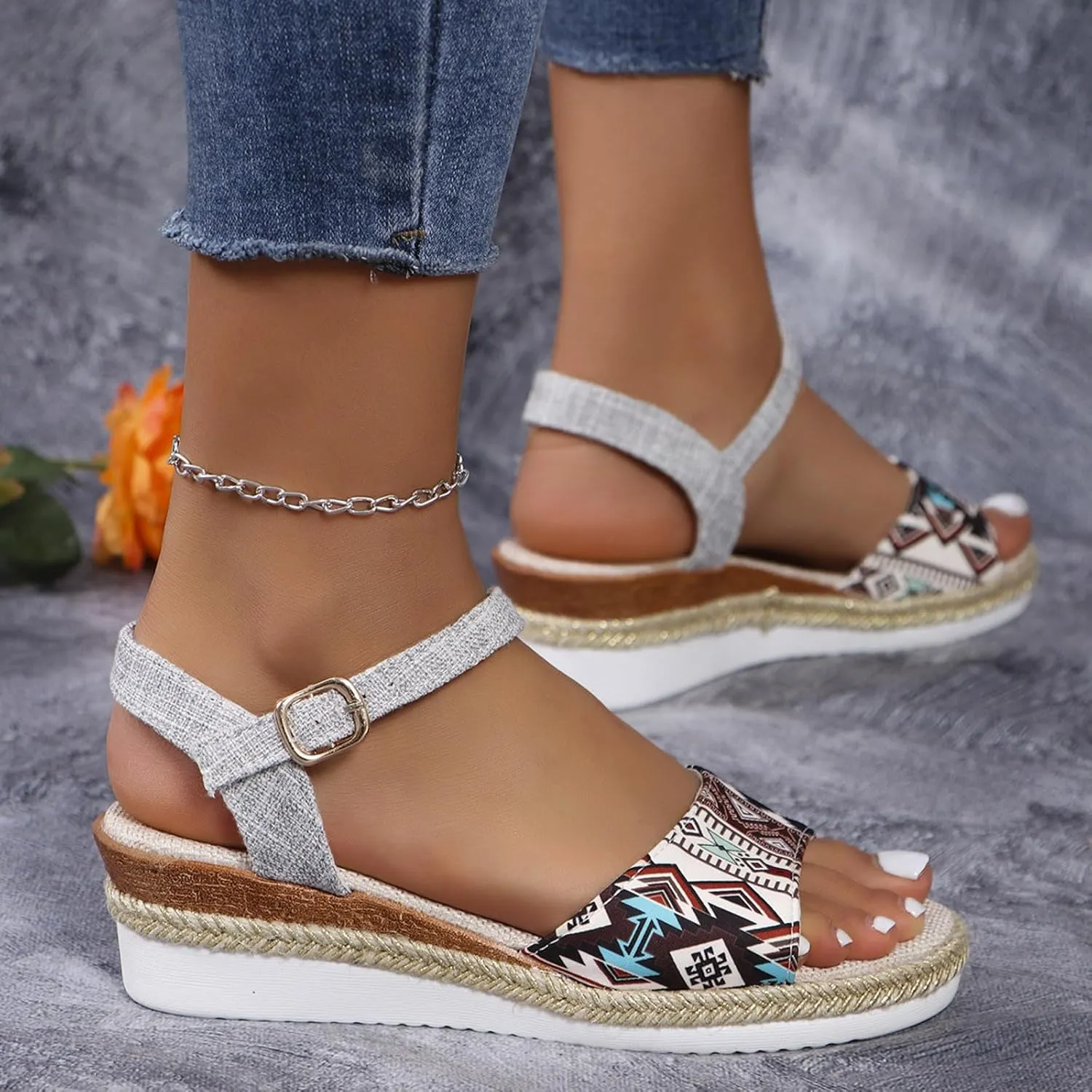 2025 Women Comfortable Wedge Heel Sandals Fashion Bohemian Retro Ladies Dress Walking Footwear with Adjustable Buckle Summer Platform Slide Slippers Breathable Vacation Espadrilles Casual Shoe