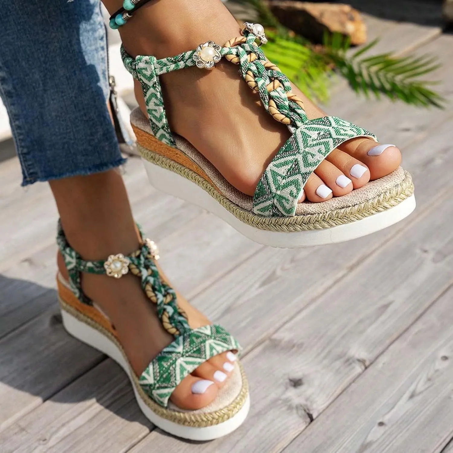 2025 Women Wedges Sandals Fashion Bohemian Roman Espadrilles Platform Slippers with Ankle Strap Comfortable Ladies Dress Non-Slip Wedge Heel Shoe Summer Breathable Beach Vacation Walking Footwear