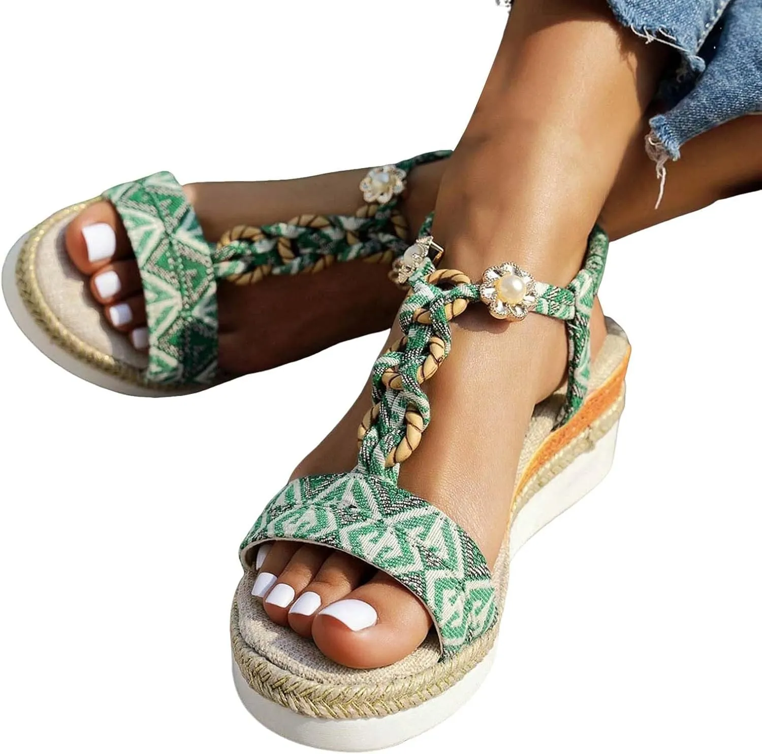 2025 Women Wedges Sandals Fashion Bohemian Roman Espadrilles Platform Slippers with Ankle Strap Comfortable Ladies Dress Non-Slip Wedge Heel Shoe Summer Breathable Beach Vacation Walking Footwear