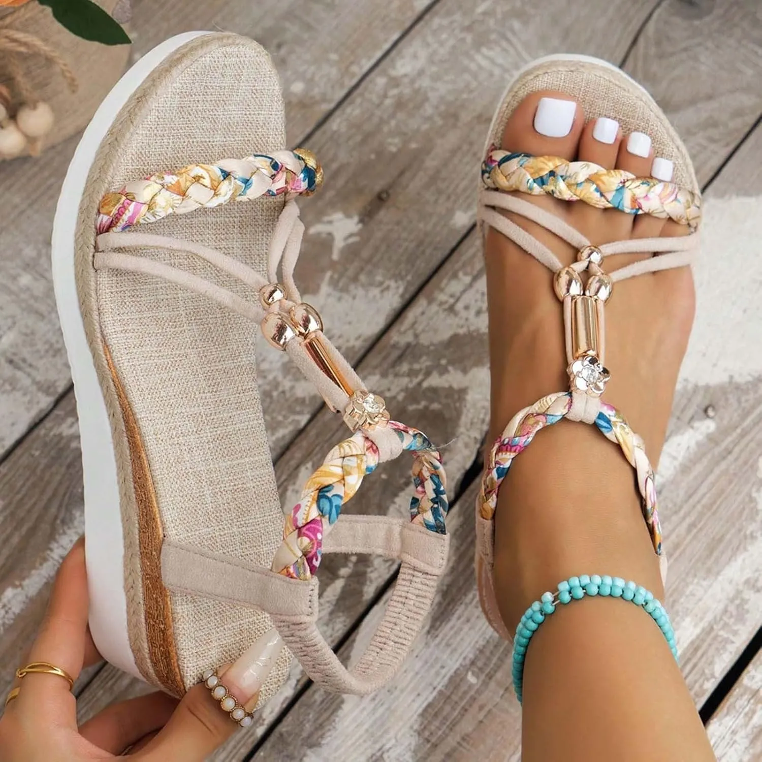 2025 Women Wedges Sandals Fashion Bohemian Roman Espadrilles Platform Slippers with Ankle Strap Comfortable Ladies Dress Non-Slip Wedge Heel Shoe Summer Breathable Beach Vacation Walking Footwear