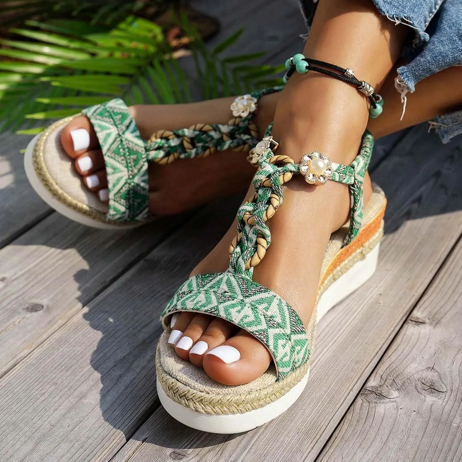2025 Women Wedges Sandals Fashion Bohemian Roman Espadrilles Platform Slippers with Ankle Strap Comfortable Ladies Dress Non-Slip Wedge Heel Shoe Summer Breathable Beach Vacation Walking Footwear