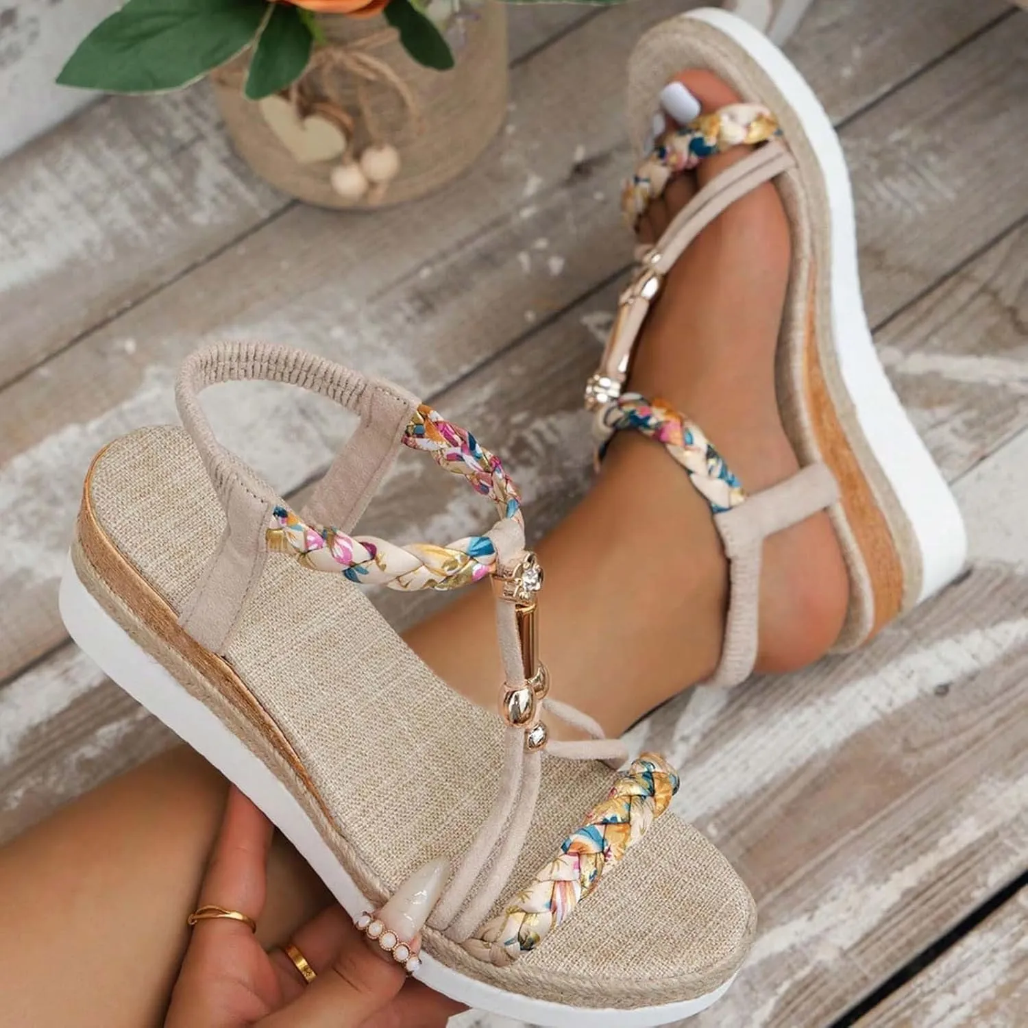2025 Women Wedges Sandals Fashion Bohemian Roman Espadrilles Platform Slippers with Ankle Strap Comfortable Ladies Dress Non-Slip Wedge Heel Shoe Summer Breathable Beach Vacation Walking Footwear