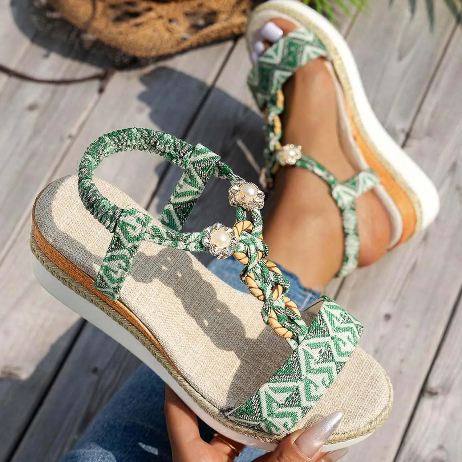 2025 Women Wedges Sandals Fashion Bohemian Roman Espadrilles Platform Slippers with Ankle Strap Comfortable Ladies Dress Non-Slip Wedge Heel Shoe Summer Breathable Beach Vacation Walking Footwear