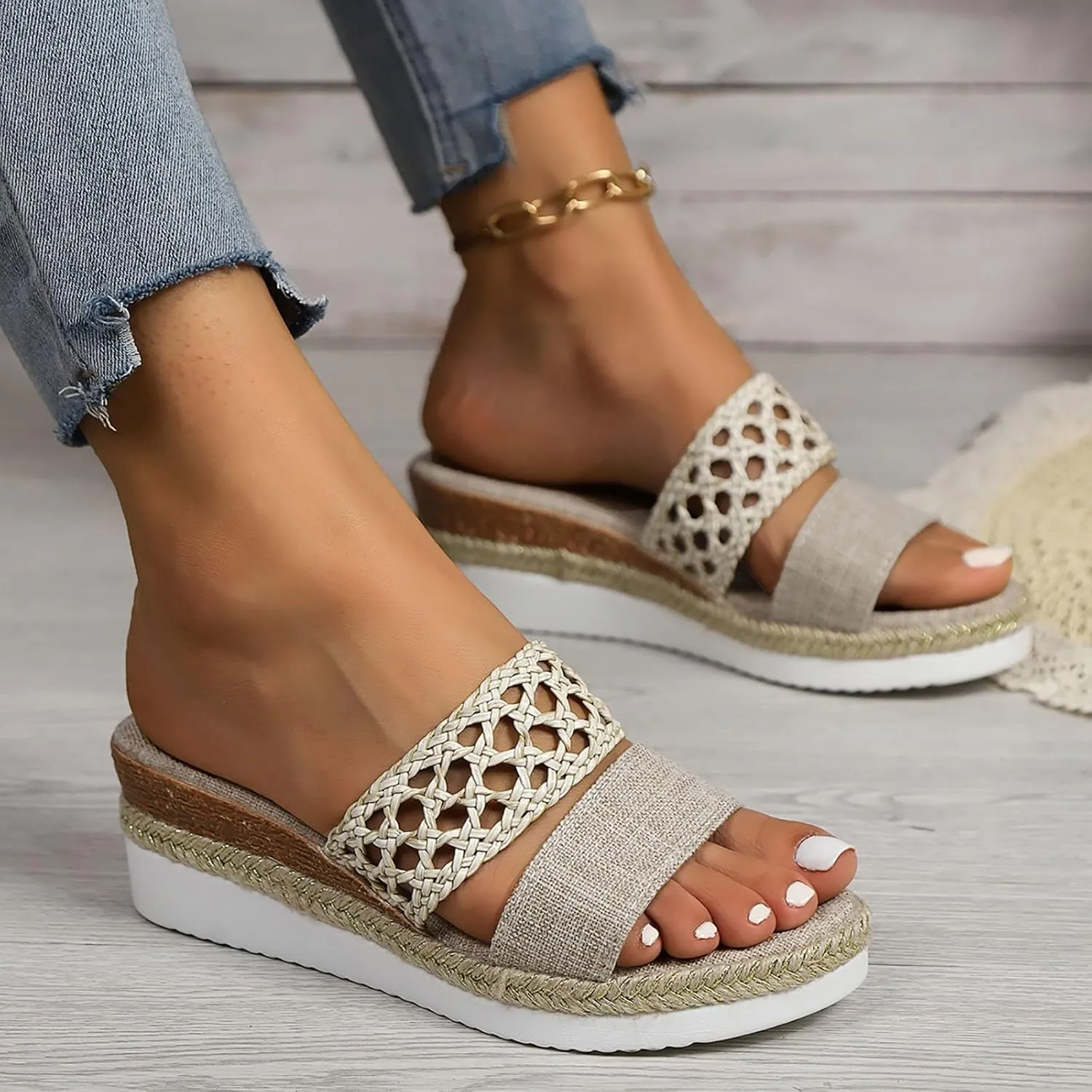 2025 Women Wedges Sandals Fashion Breathable Cut-Out Espadrilles Platform Slides Comfortable Ladies Dress Slip-On Slippers Summer Beach Vacation Casual Shoe Indoor/Outdoor Open Toe Walking Footwear