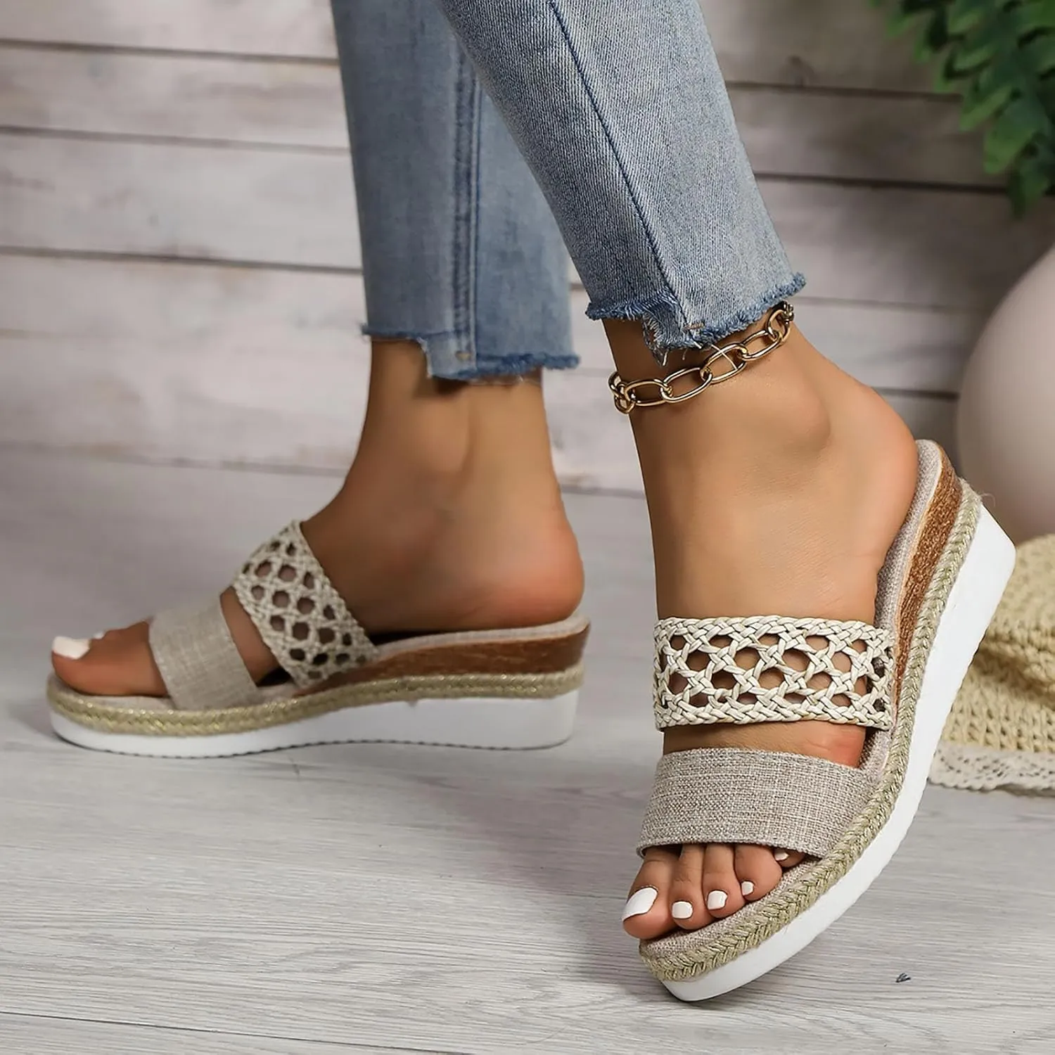 2025 Women Wedges Sandals Fashion Breathable Cut-Out Espadrilles Platform Slides Comfortable Ladies Dress Slip-On Slippers Summer Beach Vacation Casual Shoe Indoor/Outdoor Open Toe Walking Footwear