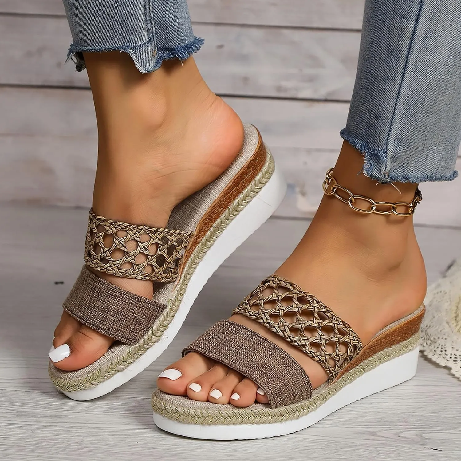 2025 Women Wedges Sandals Fashion Breathable Cut-Out Espadrilles Platform Slides Comfortable Ladies Dress Slip-On Slippers Summer Beach Vacation Casual Shoe Indoor/Outdoor Open Toe Walking Footwear