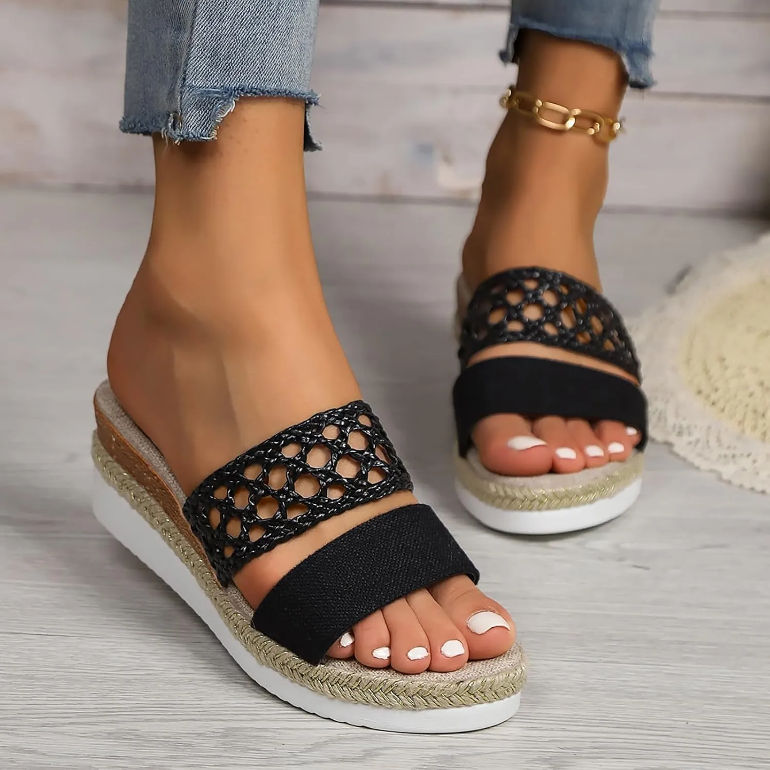 2025 Women Wedges Sandals Fashion Breathable Cut-Out Espadrilles Platform Slides Comfortable Ladies Dress Slip-On Slippers Summer Beach Vacation Casual Shoe Indoor/Outdoor Open Toe Walking Footwear