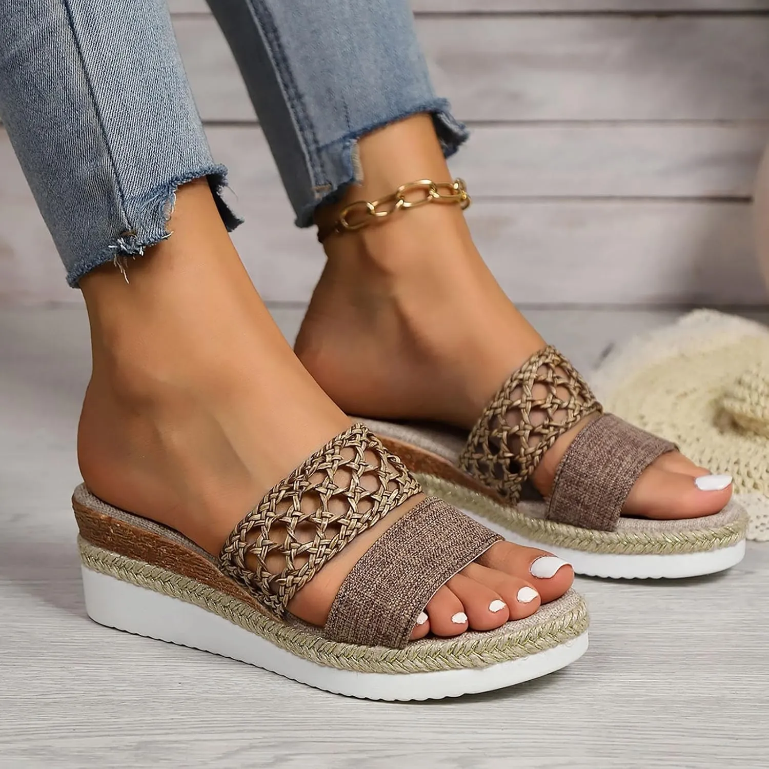 2025 Women Wedges Sandals Fashion Breathable Cut-Out Espadrilles Platform Slides Comfortable Ladies Dress Slip-On Slippers Summer Beach Vacation Casual Shoe Indoor/Outdoor Open Toe Walking Footwear