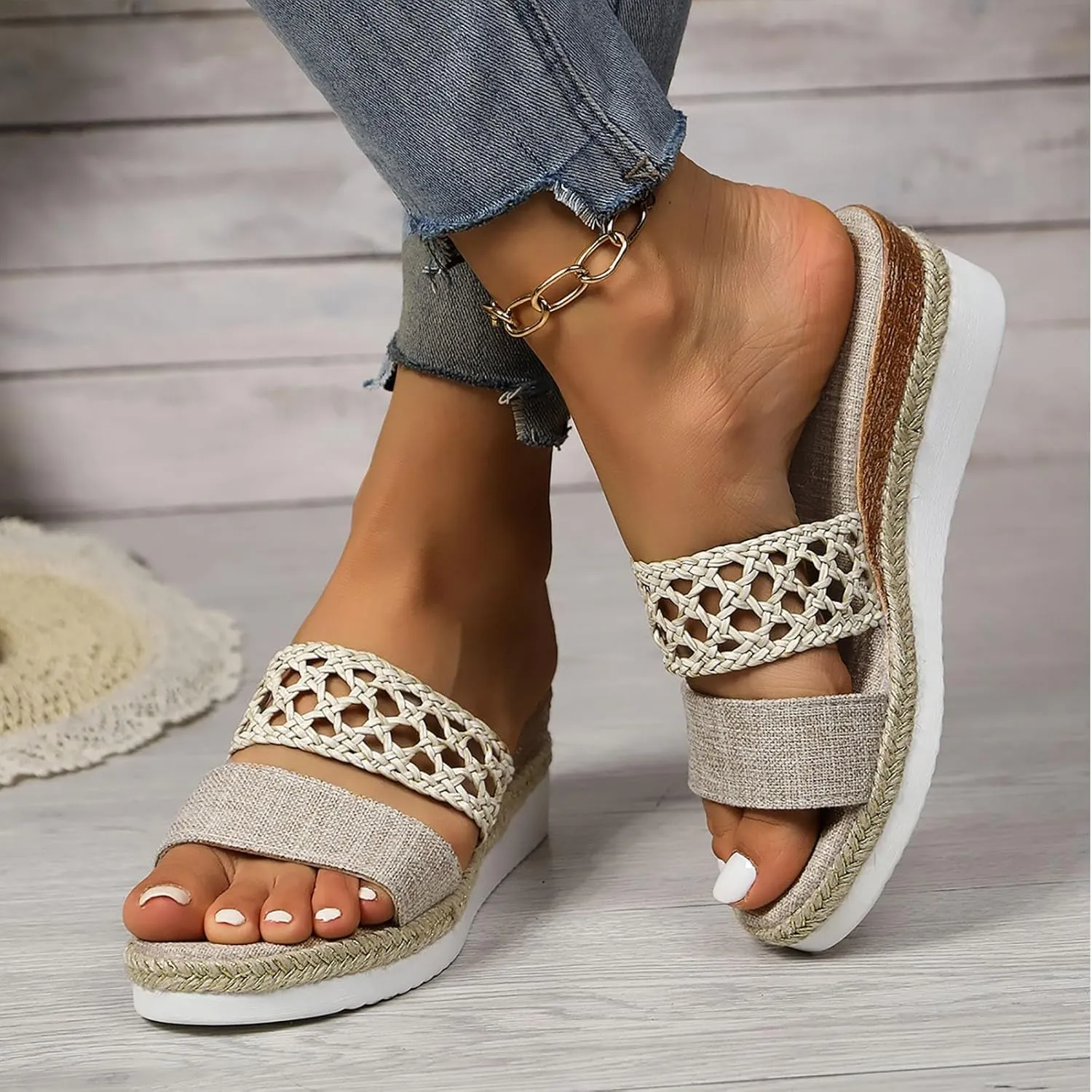 2025 Women Wedges Sandals Fashion Breathable Cut-Out Espadrilles Platform Slides Comfortable Ladies Dress Slip-On Slippers Summer Beach Vacation Casual Shoe Indoor/Outdoor Open Toe Walking Footwear