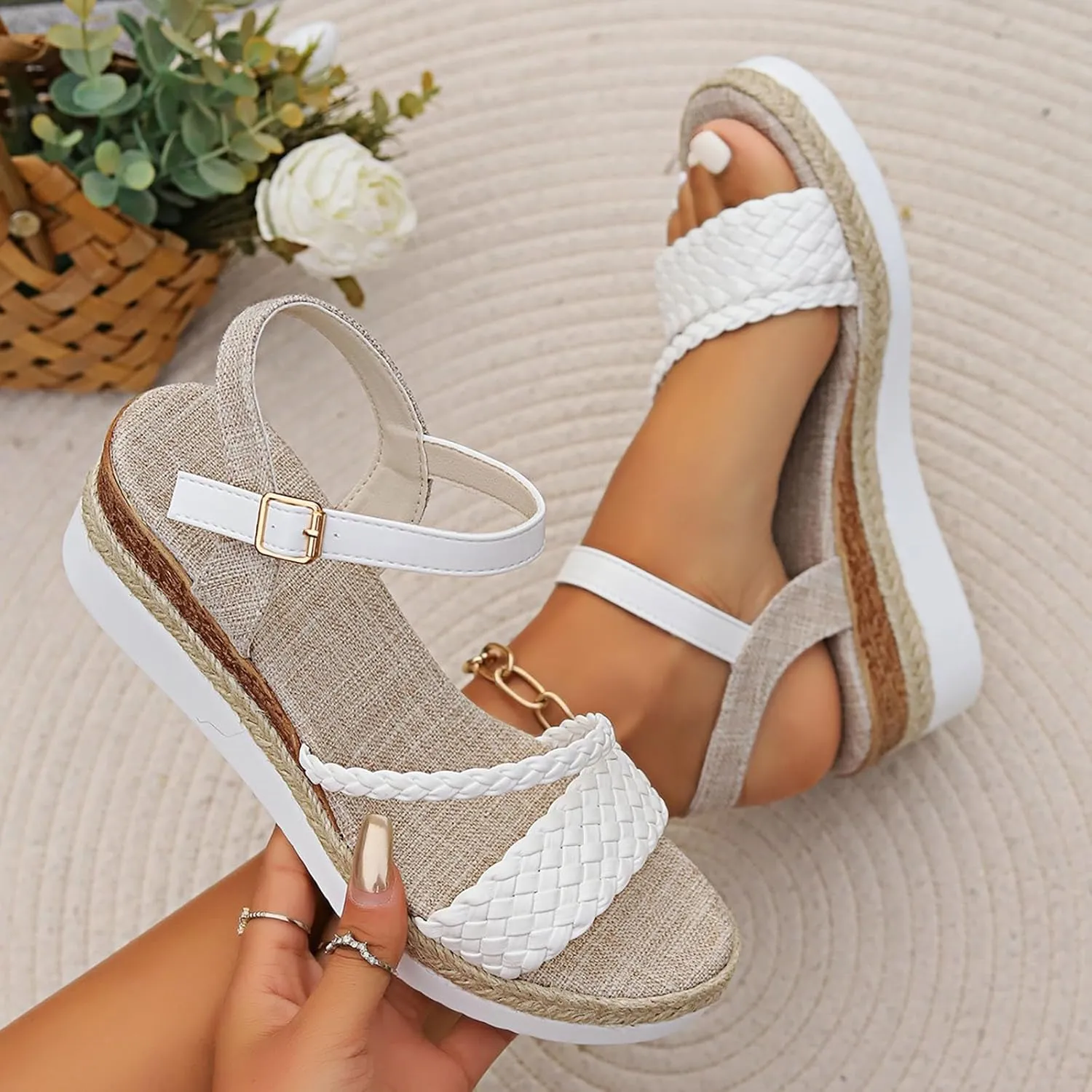 2025 Women Wedges Sandals Fashion Ladies Dress Espadrilles Platform Walking Footwear with Adjustable Buckle Comfortable Breathable Slip-On Wedge Heel Shoe Indoor/Outdoor Summer Vacation Slides