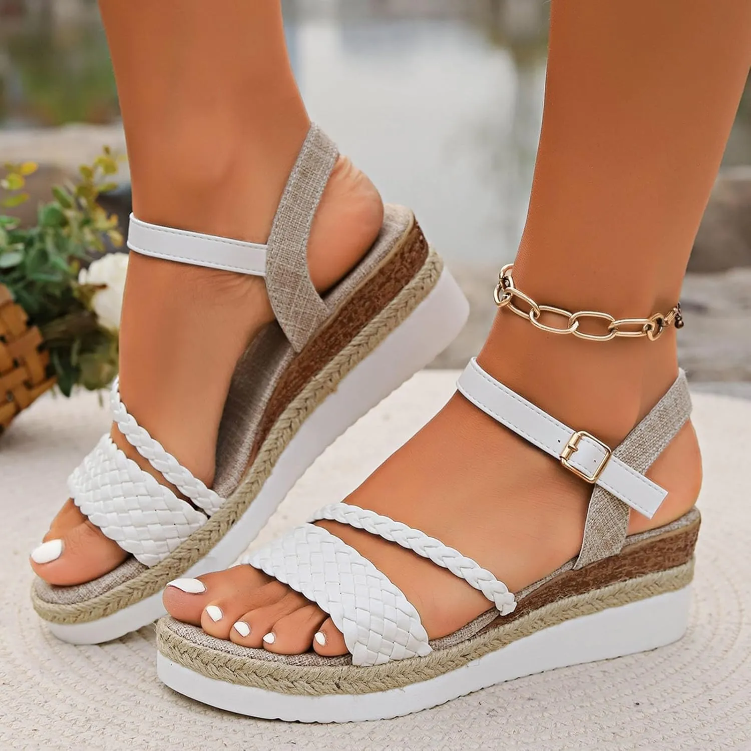 2025 Women Wedges Sandals Fashion Ladies Dress Espadrilles Platform Walking Footwear with Adjustable Buckle Comfortable Breathable Slip-On Wedge Heel Shoe Indoor/Outdoor Summer Vacation Slides