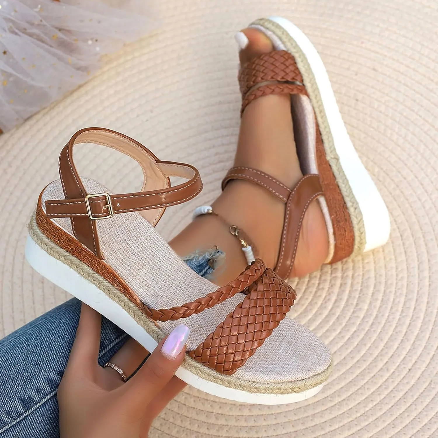 2025 Women Wedges Sandals Fashion Ladies Dress Espadrilles Platform Walking Footwear with Adjustable Buckle Comfortable Breathable Slip-On Wedge Heel Shoe Indoor/Outdoor Summer Vacation Slides