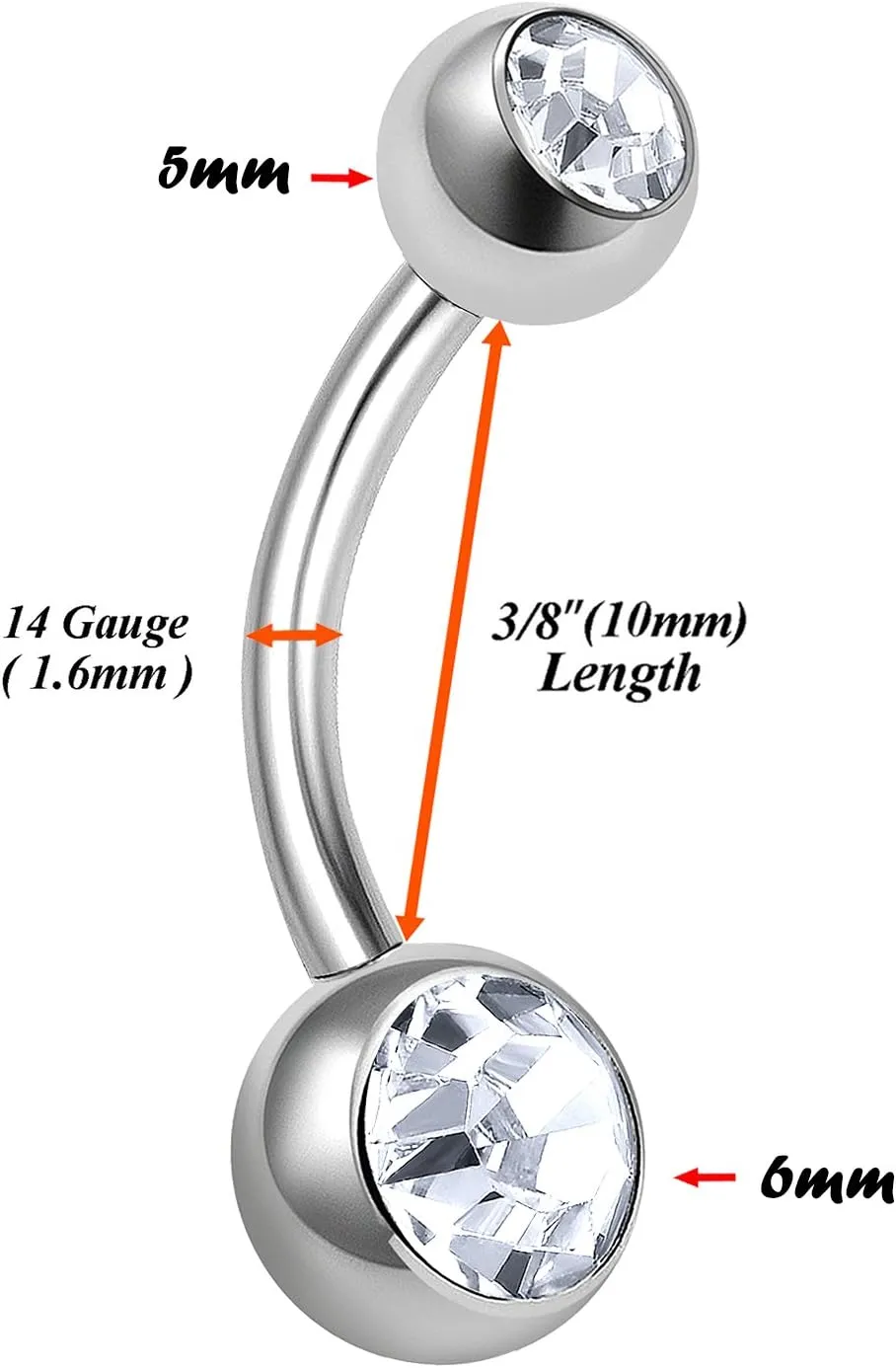 2pcs 14g 3/8 Belly Button Rings Navel Stud Surgical Steel Earring Piercing Jewelry Banana Non Dangle Navel Crystals D4MCW