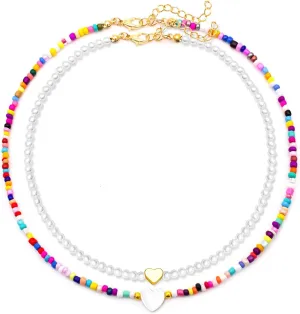 2PCS Colorful Beaded Choker Necklaces for Women y2k Heart Necklace Beaded Pearl Choker Boho Layered Heart Necklaces Surfer Necklace Handmade Summer Beach Necklaces for Girls