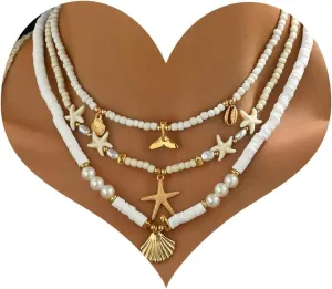 3 Pcs Sea Shell Necklaces for Women White Puka Shell Necklaces Gold Shell Starfish Conch Pendant Necklaces Summer Boho Beads Choker Layered Beach Surfer Jewelry Accessories