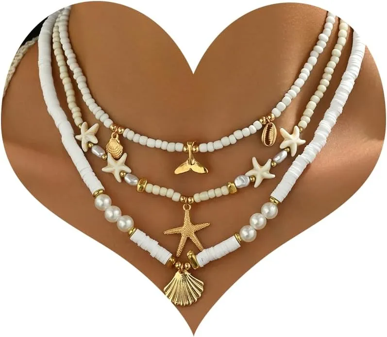 3 Pcs Sea Shell Necklaces for Women White Puka Shell Necklaces Gold Shell Starfish Conch Pendant Necklaces Summer Boho Beads Choker Layered Beach Surfer Jewelry Accessories