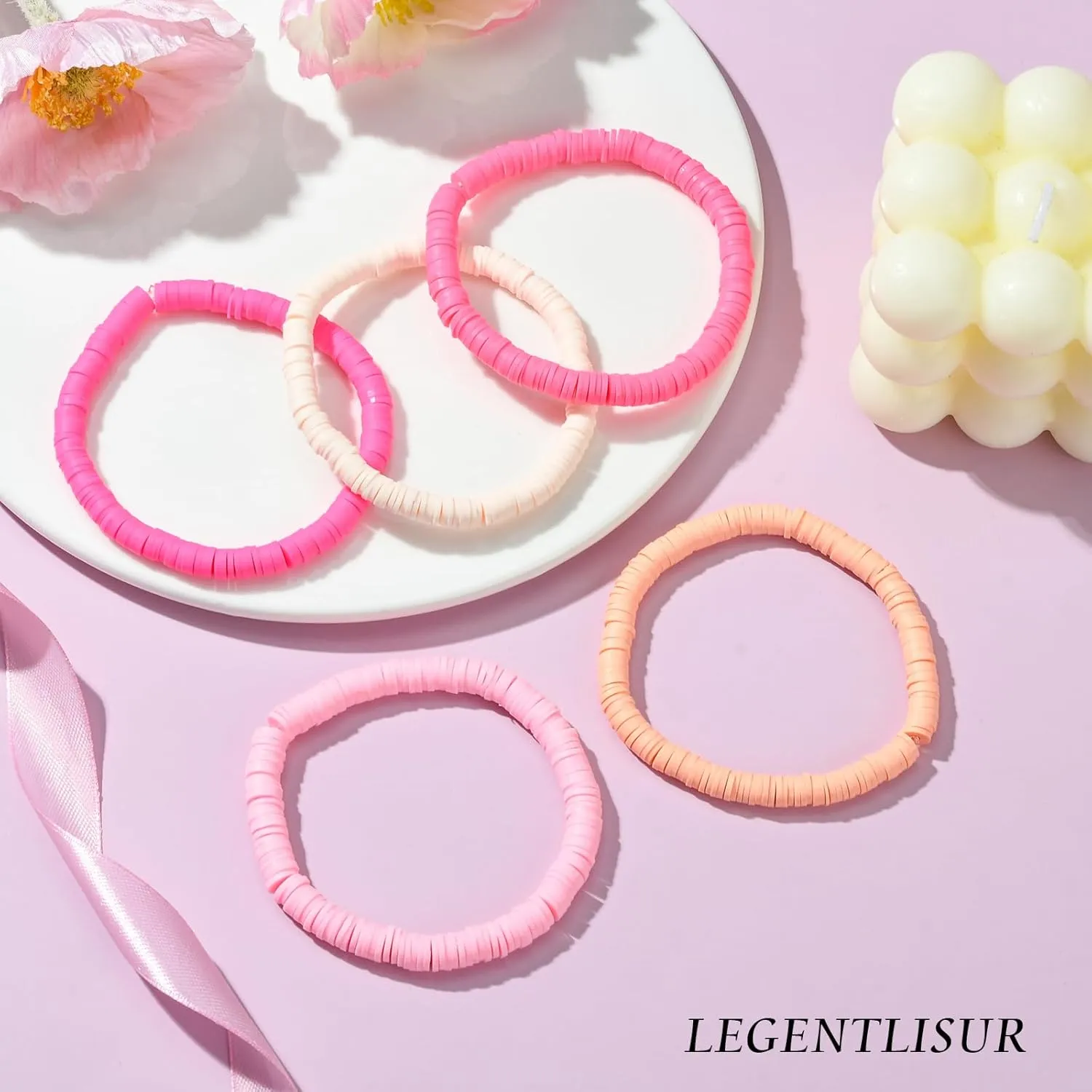 30 PCS Preppy Bracelets Heishi Summer Surfer Bracelets Stackable Beach Bracelets Clay Bead Bracelets for Women Friendship Bracelets Set Jewelry Gifts