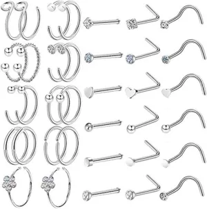 36PCS Nose Rings Studs Nose Ring L Shape Nose Screw Nose Rings Surgical Stainless Steel Nose Rings Zircon Heart Nostril Nose Piercing Jewelry for Women Men Silver