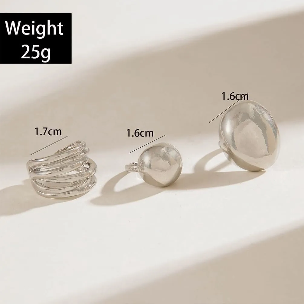 3Pcs Chunky Gold Rings Set Stackable for Women, Statement Silver Round Ball Dome Polished Bold Thick Open Ring Stacked Minimalist Party Prom Jewelry Gift