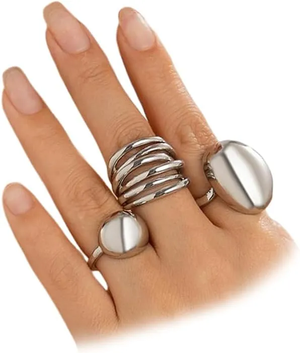 3Pcs Chunky Gold Rings Set Stackable for Women, Statement Silver Round Ball Dome Polished Bold Thick Open Ring Stacked Minimalist Party Prom Jewelry Gift