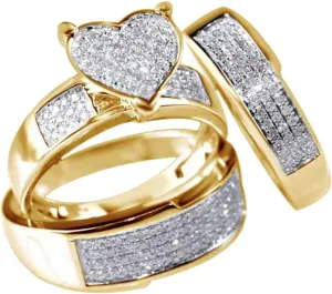 3PCS CZ Simulated Diamond Set Women Engagement Rings Heart Shape Wedding Bands Anniversary Ring (Gold, 10)