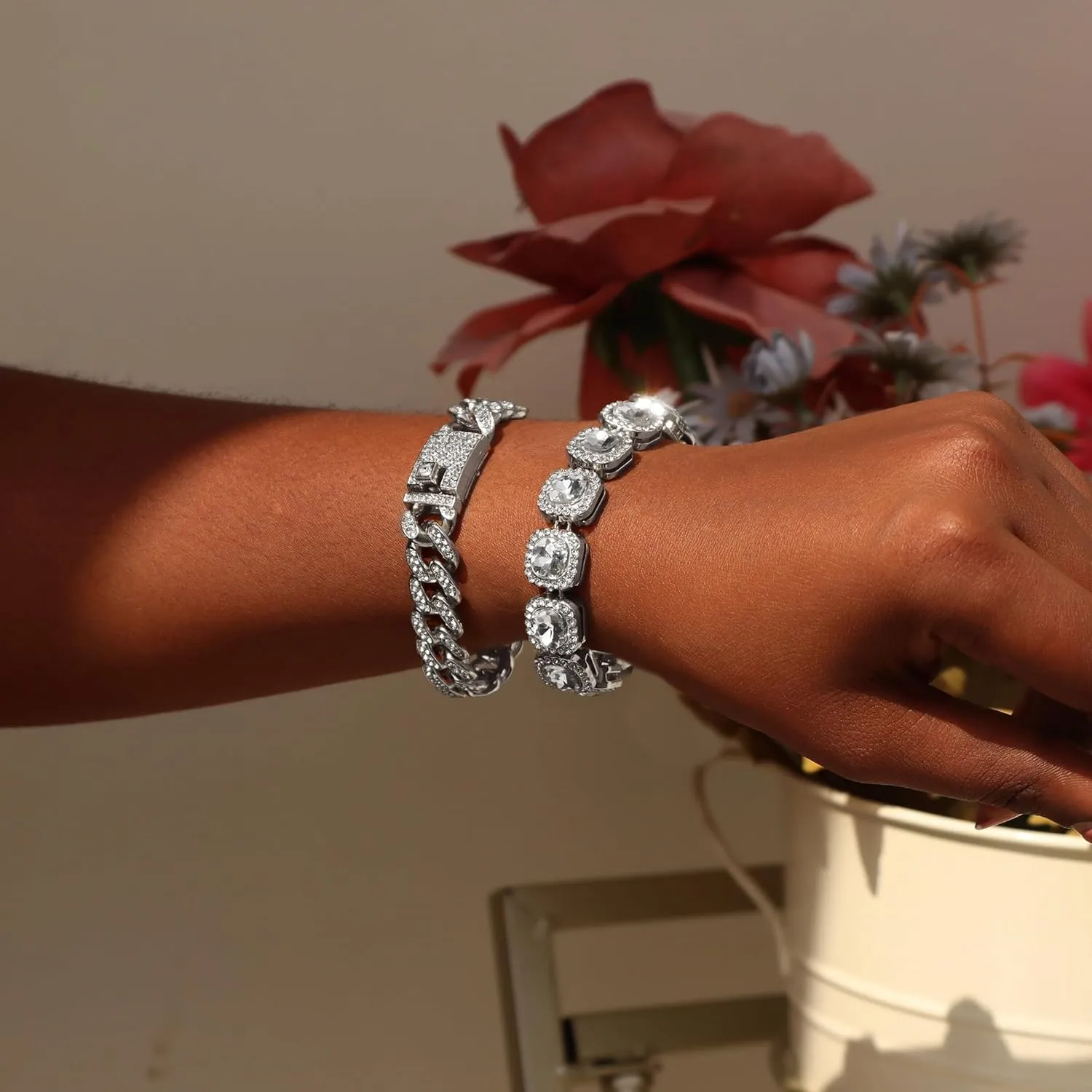 4PCS Gold Bracelets for Women Silver Clustered Tennis Bracelet for Women Heart Round Diamond Cuban Bracelet Layered Link Bracelet Set Fashion Jewelry for Women Set
