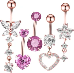 5 Pcs Dangle Belly Button Rings Small Navel Jewelry Simple Heart Design Wear for Everyday Use and Special Occasions