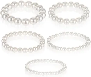 5 PCS Pearl Bracelets for Women, White Elegant Bridesmaid Bracelets Bridal Wedding Stackable Bracelets Faux Pearl Beaded Bracelets White Pearl Bracelet Set for Ladies