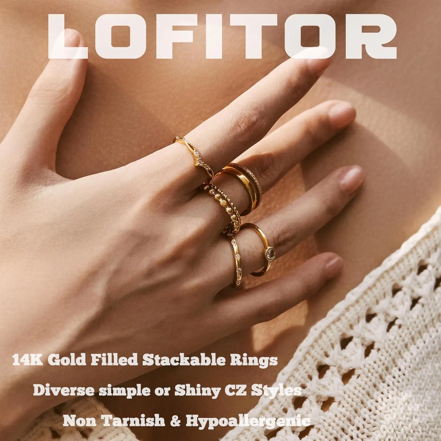 6PCS Stackable Gold Rings for Women Non Tarnish Trendy Dainty 14K Gold Filled Stacking Cubic Zirconia Thumb Ring Set Pack Statement Chunky Band Rings Promise Engagement Rings Size 6-10
