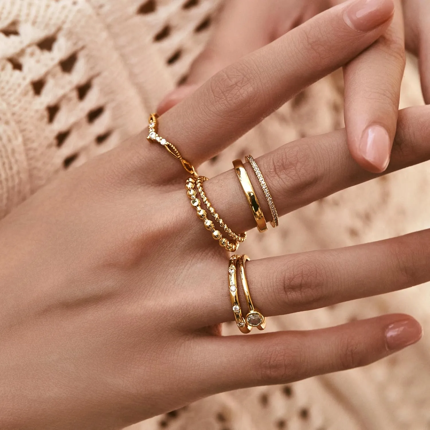 6PCS Stackable Gold Rings for Women Non Tarnish Trendy Dainty 14K Gold Filled Stacking Cubic Zirconia Thumb Ring Set Pack Statement Chunky Band Rings Promise Engagement Rings Size 6-10