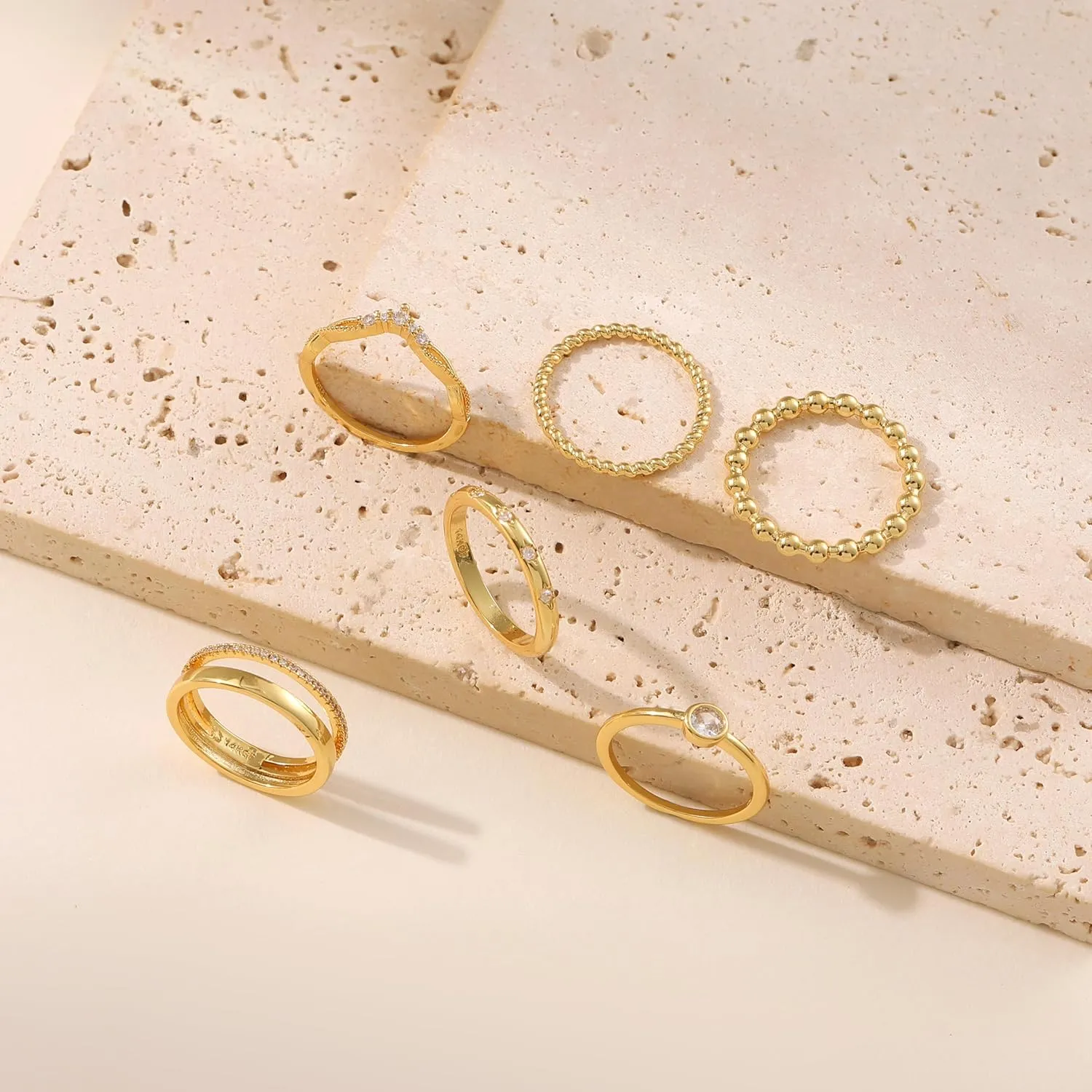 6PCS Stackable Gold Rings for Women Non Tarnish Trendy Dainty 14K Gold Filled Stacking Cubic Zirconia Thumb Ring Set Pack Statement Chunky Band Rings Promise Engagement Rings Size 6-10