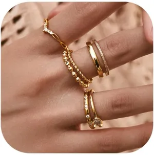 6PCS Stackable Gold Rings for Women Non Tarnish Trendy Dainty 14K Gold Filled Stacking Cubic Zirconia Thumb Ring Set Pack Statement Chunky Band Rings Promise Engagement Rings Size 6-10