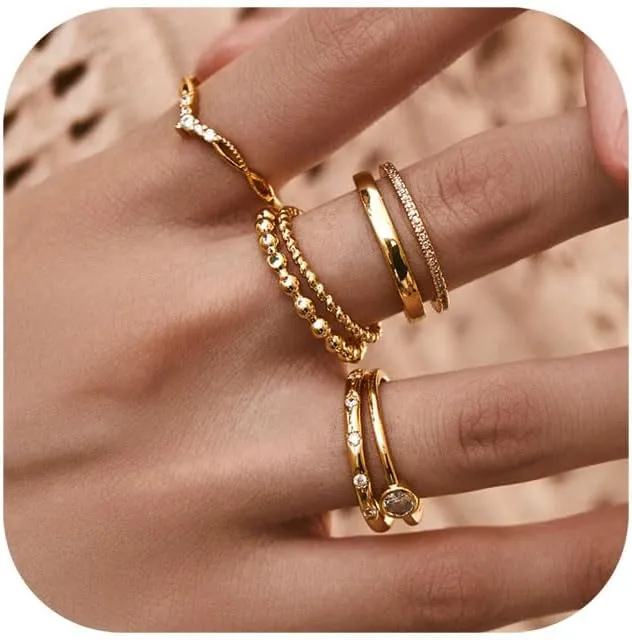 6PCS Stackable Gold Rings for Women Non Tarnish Trendy Dainty 14K Gold Filled Stacking Cubic Zirconia Thumb Ring Set Pack Statement Chunky Band Rings Promise Engagement Rings Size 6-10