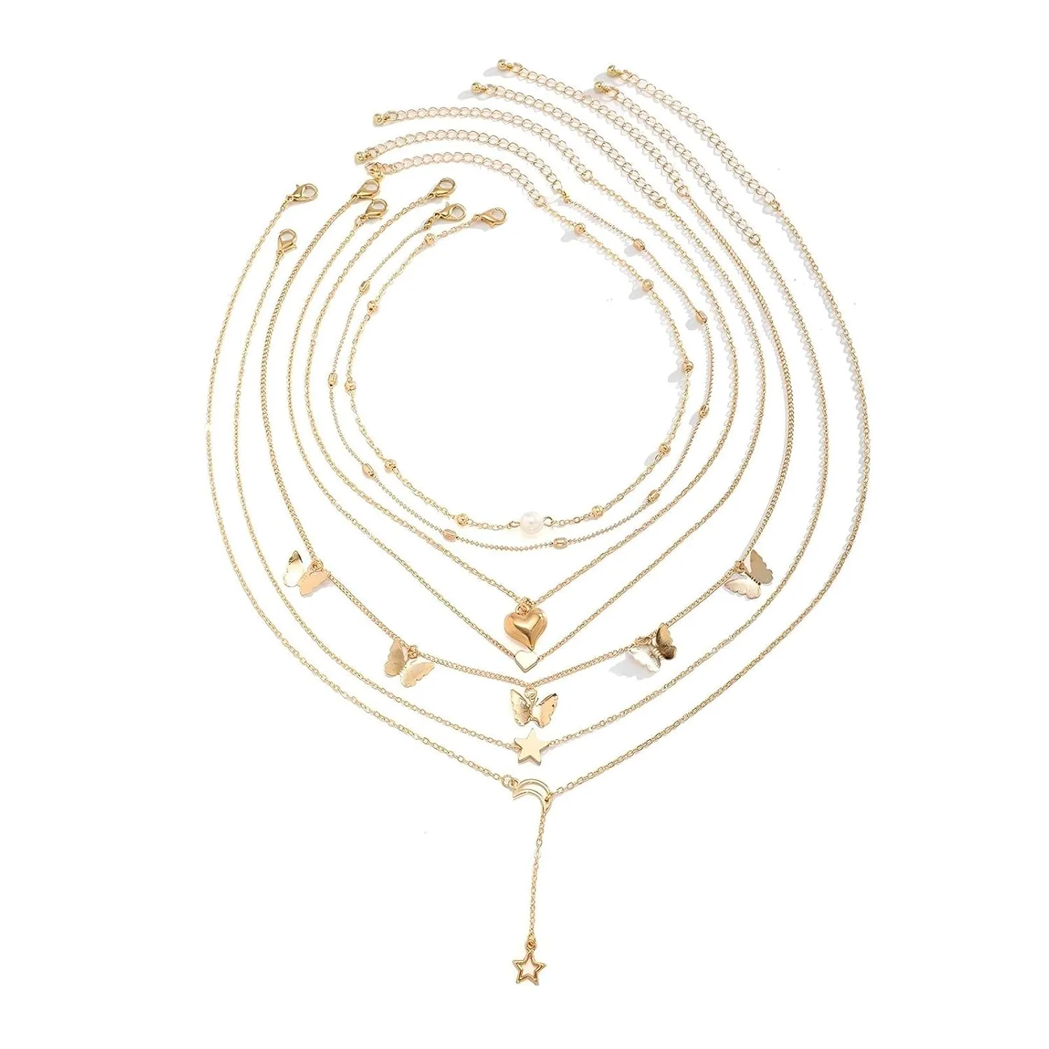 7PC Layered Necklaces for Women Gold Plated Necklace Stack Jewelry Set Includes Pearl Necklace for WomenChoker NecklaceTiny Heart Pendant NecklaceGlod Heart NecklaceButterfly NecklaceStar Neckla